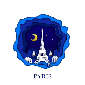 PARIS City Of France In Digital Craft Paper Art. Night Scene. Travel And Destination Landmark Concept. Papercraft Style