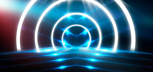 Abstract blue background with neon light, tunnel, arch, corridor, red laser beams, smoke. Light arch. Abstraction of blue with neon, rays, lines.