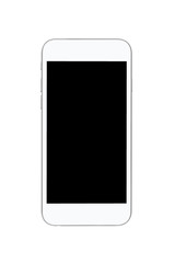 White smartphone with black blank screen is isolated on white background. Clipping path embedded.