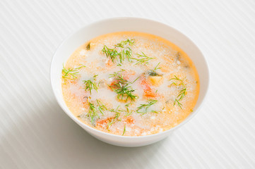 the white plate with fish soup