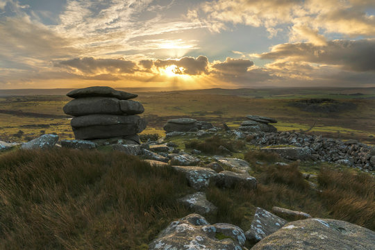 Sunset over Bodmin Moor, Cornwall, UK with beautiful cloudy sunny sky