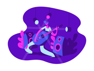 Guitarist playing electric guitar on the stage. Music concept. Vector illustration in flat style