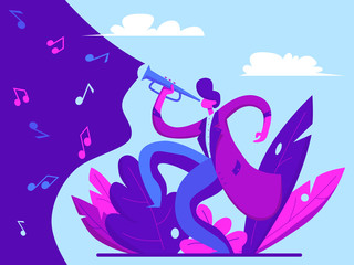 Young man playing trumpet jazz. Music concept. Vector illustration in flat style
