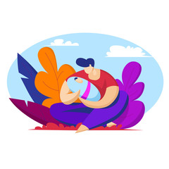 Young happy father holds baby in his arms. Vector illustration in flat style