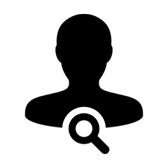 Find icon vector male user person profile avatar with magnifying glass symbol in flat color glyph pictogram illustration