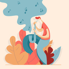 Young man playing trumpet jazz. Music concept. Vector illustration in flat style