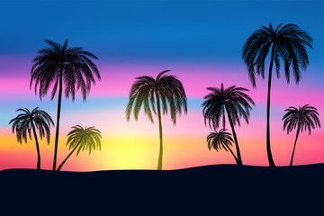 Plakat sunset and tropical palm trees with colorful landscape background, vector, eps 10 file