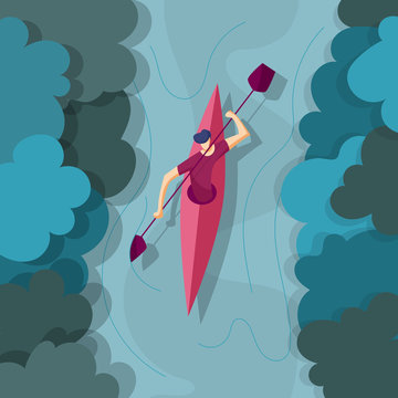 Man floats on the river in a kayak. Kayaking on the river. Rafting on kayak.Vector illustration in flat style
