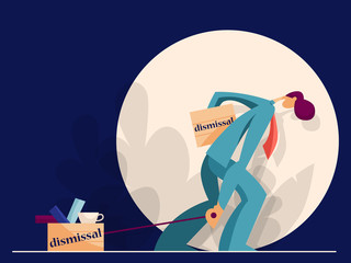 Dismissed business man carrying box with things. Unemployment, crisis. Vector illustration in flat style