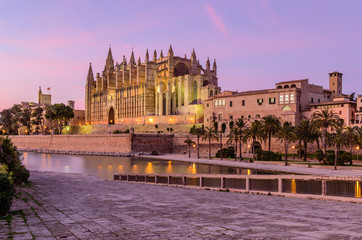 Sightseeing of Mallorca. La Seu, the gothic medieval cathedral of Palma de Mallorca, beautiful night view, Mallorca island, Balearic Islands, Spain