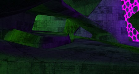 Abstract  Concrete Futuristic Sci-Fi interior With Pink And Yellow Glowing Neon Tubes . 3D illustration and rendering.