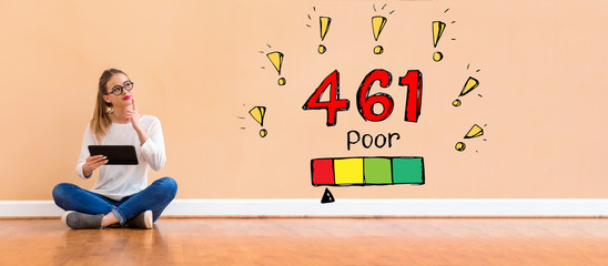 Poor credit score theme with young woman holding a tablet computer