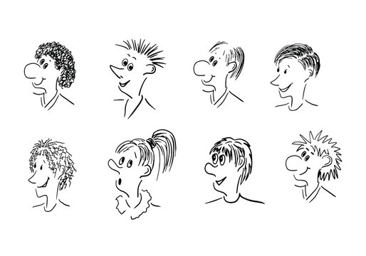 Vector illustration of 8 caricature faces: various facial expression comic cartoon style.