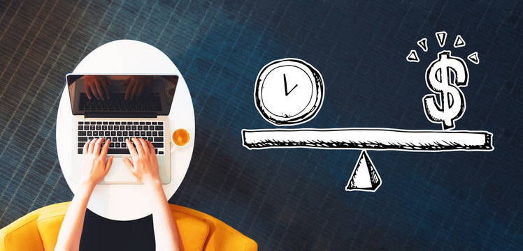 Time and money on the scale with person using a laptop on a white table Gold bird ornament in a snow covered landscape