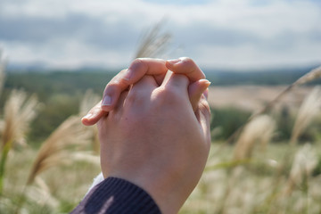 Close-up of a couple holding hands at the peak of Oreum of at Jeju Island, South Korea