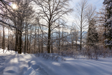 Majestic sunset in the winter mountains landscape. Dramatic sky.