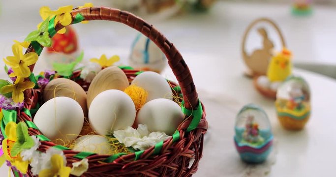 Decorated basket full off Eater eggs, 4k Footage.