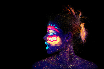 The woman portrait face, aliens asleep, ultraviolet make-up.  Beautiful. woman screaming in profile