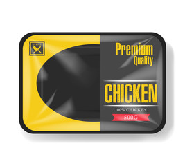 Chicken meat packaging. Plastic tray container with cellophane cover. Mockup template for your design. Plastic food container. Vector illustration.