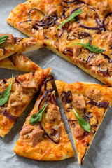 Homemade tuna and mozzarella pizza on wooden background.