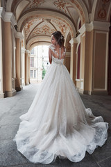 Fototapeta premium Beautiful, elegant bride with a perfect wedding dress, poses around beautiful architecture