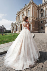 Fototapeta premium Beautiful, elegant bride with a perfect wedding dress, poses around beautiful architecture