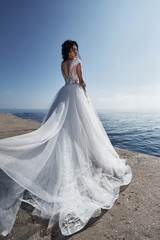 Fototapeta na wymiar bride in a wedding dress on the beach near the sea