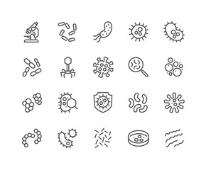 Simple Set of Bacteria Related Vector Line Icons. Contains such Icons as Virus, Colony of Bacteria, Petri Dish and more. Editable Stroke. 48x48 Pixel Perfect.