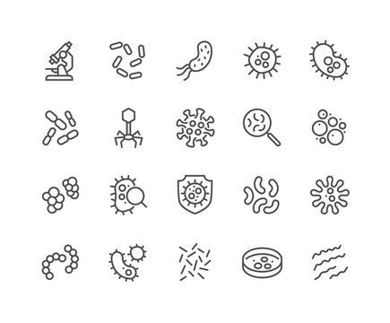 Simple Set of Bacteria Related Vector Line Icons. Contains such Icons as Virus, Colony of Bacteria, Petri Dish and more. Editable Stroke. 48x48 Pixel Perfect.