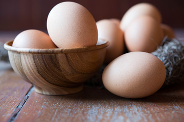 Eggs in wooden bowl and bird net