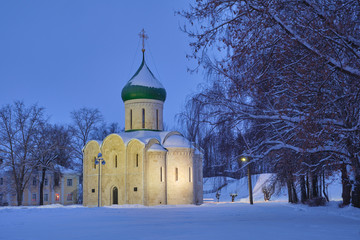 Ancient Orthodox church in the winter evening. Savior Transfiguration Cathedral in Pereslavl-Zalessky, Russia