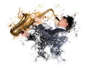 Man playing on saxophone isolated on smoke