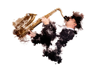 Man playing on saxophone isolated on smoke