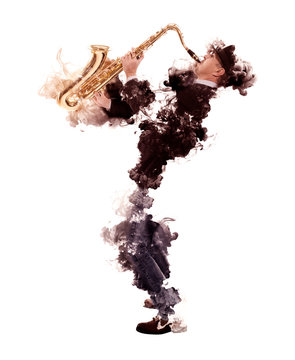 Man playing on saxophone isolated on smoke