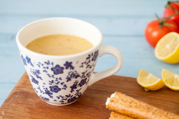 lentil soup over wooden table