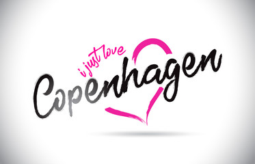 Copenhagen I Just Love Word Text with Handwritten Font and Pink Heart Shape.