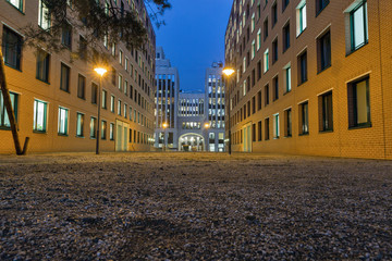 Office building at night in Berlin.