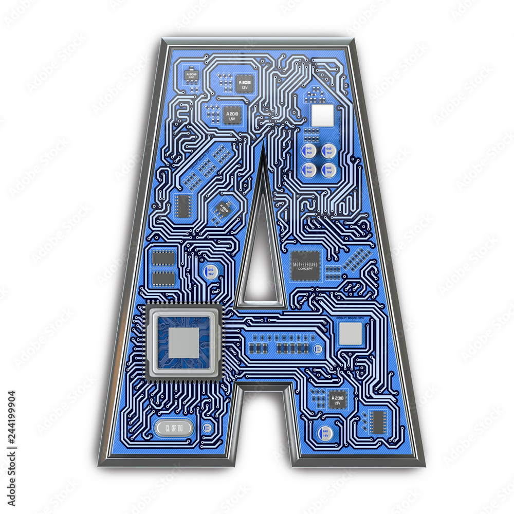 Poster letter a. alphabet in circuit board style. digital hi-tech letter isolated on white.