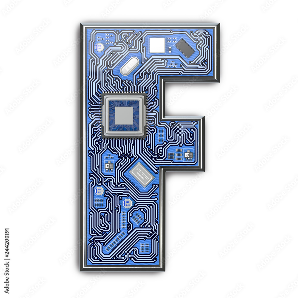 Poster letter f. alphabet in circuit board style. digital hi-tech letter isolated on white.