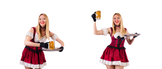Young waitress with beer on white