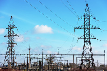 View of electrics, electric lines on the background of blue sky and good weather.