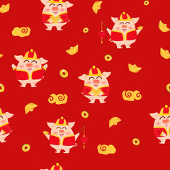 Pig, gold, lantern, lamp and money, Chinese New Year, 2019, cute cartoon characters red texture background vector illustration