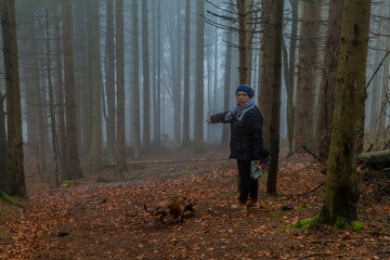 Hiking trail among pine trees in the forest, mature woman pointing the way, looking at the camera, her dog running, black winter clothes, gray shawl and cap, cold misty morning in the Belgian Ardennes