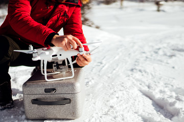assambly of drone propellers details - Young caucasian adult getting ready for drone flying