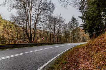 Asphalt forest road with a curve, red-white road sign to mark dangerous curves, among bare trees in a nature reserve, calm cloudy day with a gray sky in the Belgian Ardennes