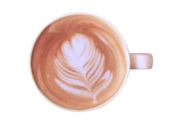 Top view hot latte coffee in white cup. Isolated on white background.