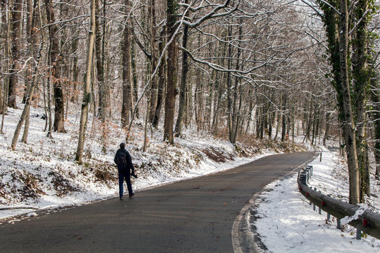 Man with a photo camera walks on the road in the winter forest