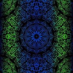 Mandala Seamless Floral Pattern. Design For Square Fashion Print. Vector Illustration. Blue, green color