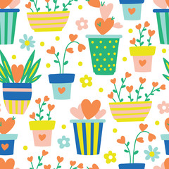 Seamless pattern for valentine's day with flower pots and heart shapes.