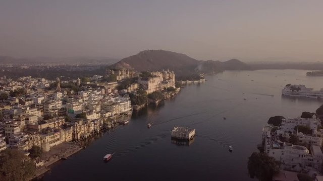Aerial view 4k video by drone of Lake Pichola And City Palace, Udaipur, Rajasthan, India